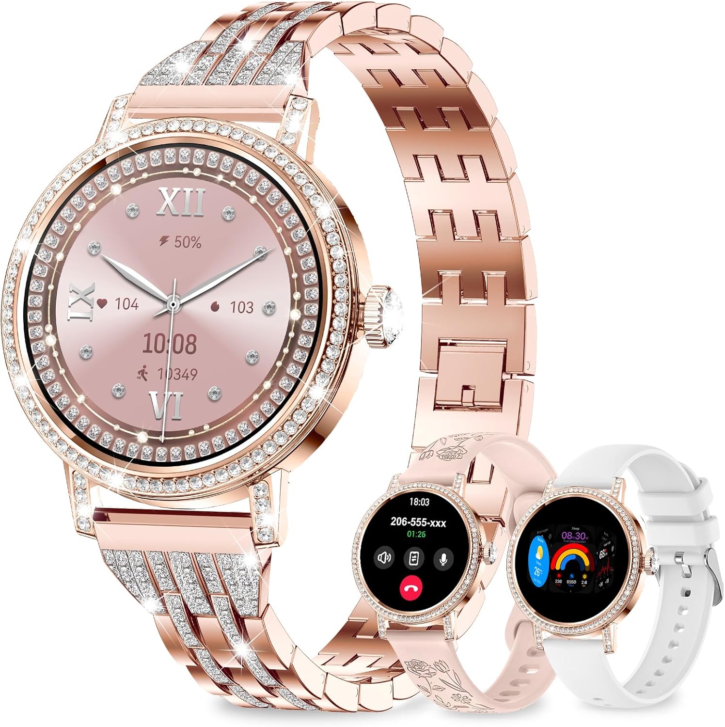 Fitonyo Women's Smartwatch with Diamond, 3 Bracelets, 1.27" HD Bluetooth Calls, Heart Rate/Sleep/SpO2 Monitor, Female/Calories, IP68, 120+ Sport Modes Podometer Tracker for Android/iOS