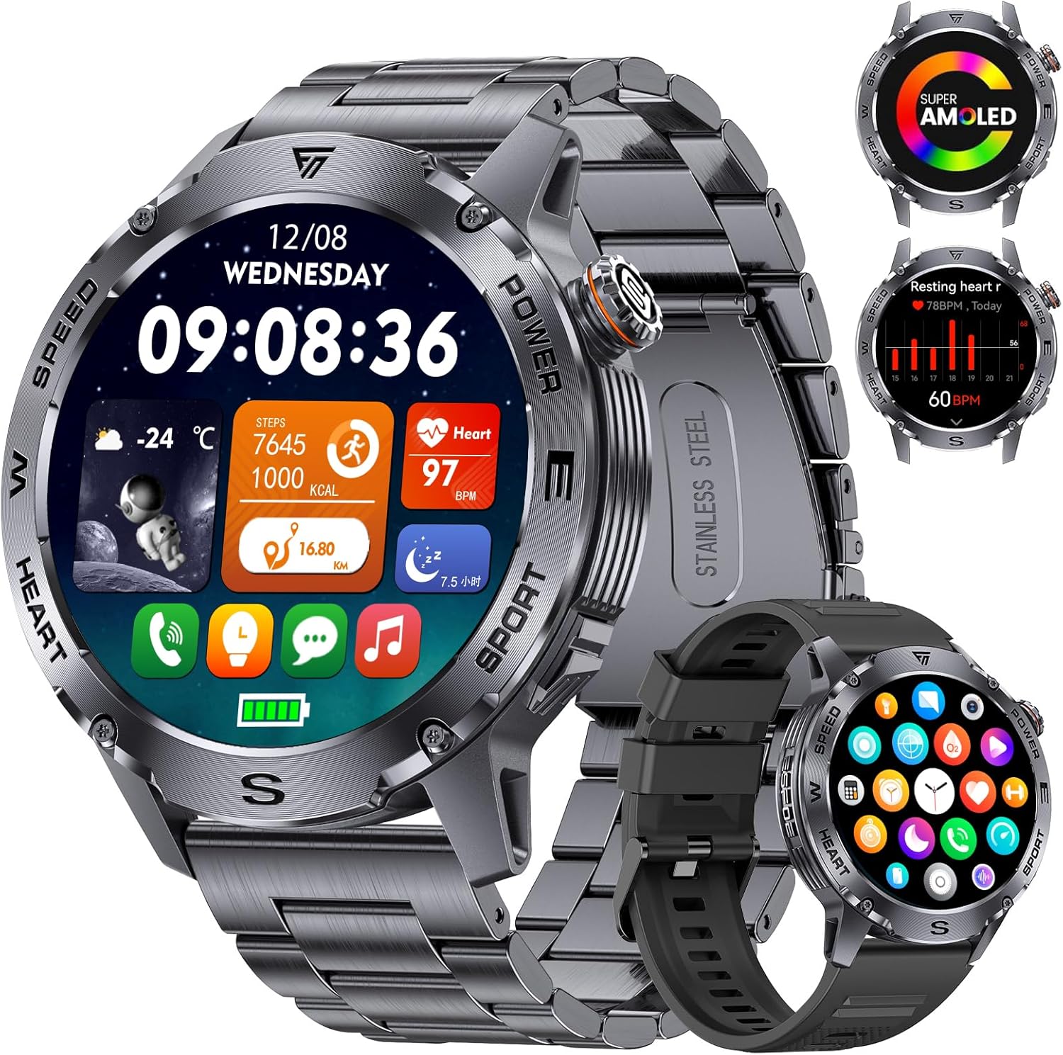 Lige Men's Smartwatch with Bluetooth Calling, 1.43" AMOLED Display, 24/7 Heart Rate for Android iOS, 170+ Sport Modes, Waterproof IP68, 200+ Watch Faces, Black Graphite