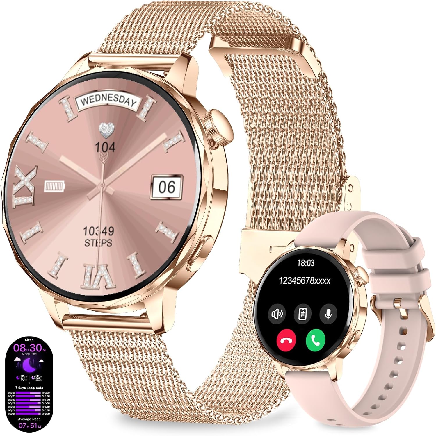 Efolen Women's Smartwatch with Bluetooth Calls, 1.27" Curved 3D Screen, Heart Rate/Steps/Calories Tracker, Sleep Monitor, 120 Sports Modes, IP68 Waterproof for Android/iOS, Rose Gold, 2 Bracelets