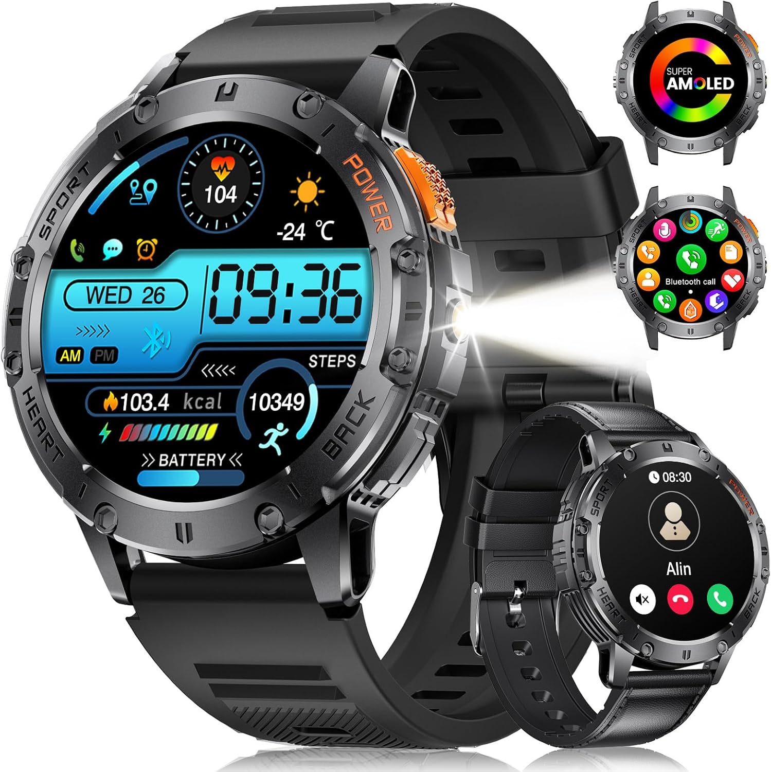FITFLEX Men's Smartwatch with Bluetooth Calls/530mAh, 1.43" AMOLED Display Men's Watch with 120+ Sports Modes/Heart Rate Monitor/Sleep Tracking, IP68 Waterproof Pedometer, Black Silicone & Leather Strap