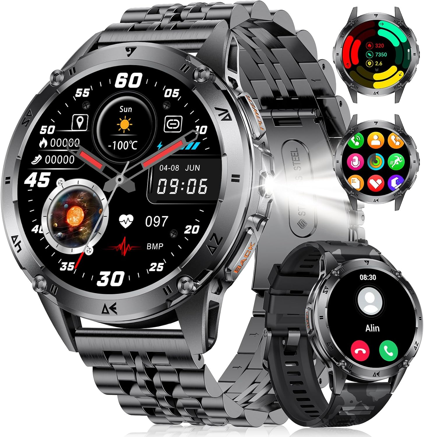 Choosetime Men's Smartwatch, Bluetooth Calls, 1.43" AMOLED Display, Flashlight, 110+ Sports Modes, Fitness/Heart Rate/Sleep Tracking, IP68, Compatible Android and iOS, Black-Steel
