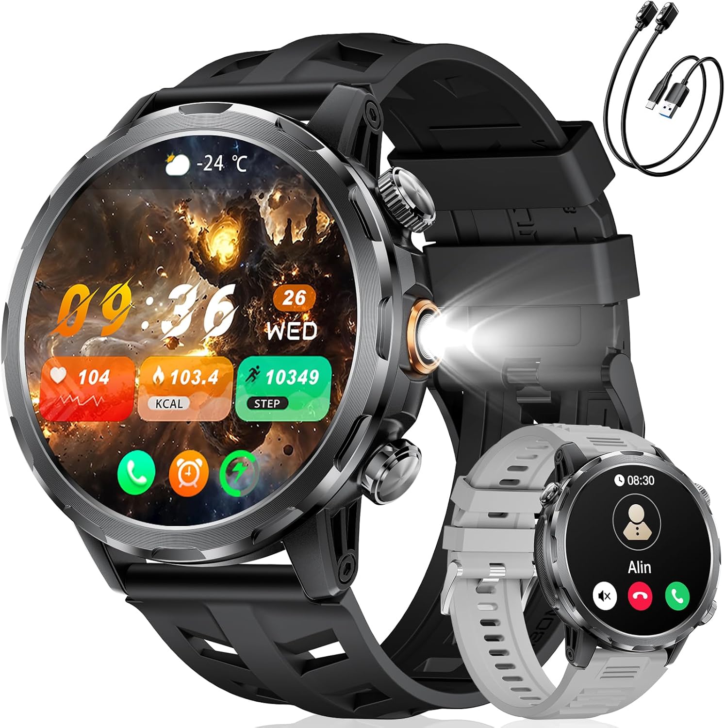 FITFLEX Men's Smartwatch with 1000mAh Call Bluetooth, 1.7'' HD Screen Military Smartwatch with 100+ Sport Modes, Flashlight, Heart Rate, SpO2, Sleep Tracking IP68 Waterproof for Android
