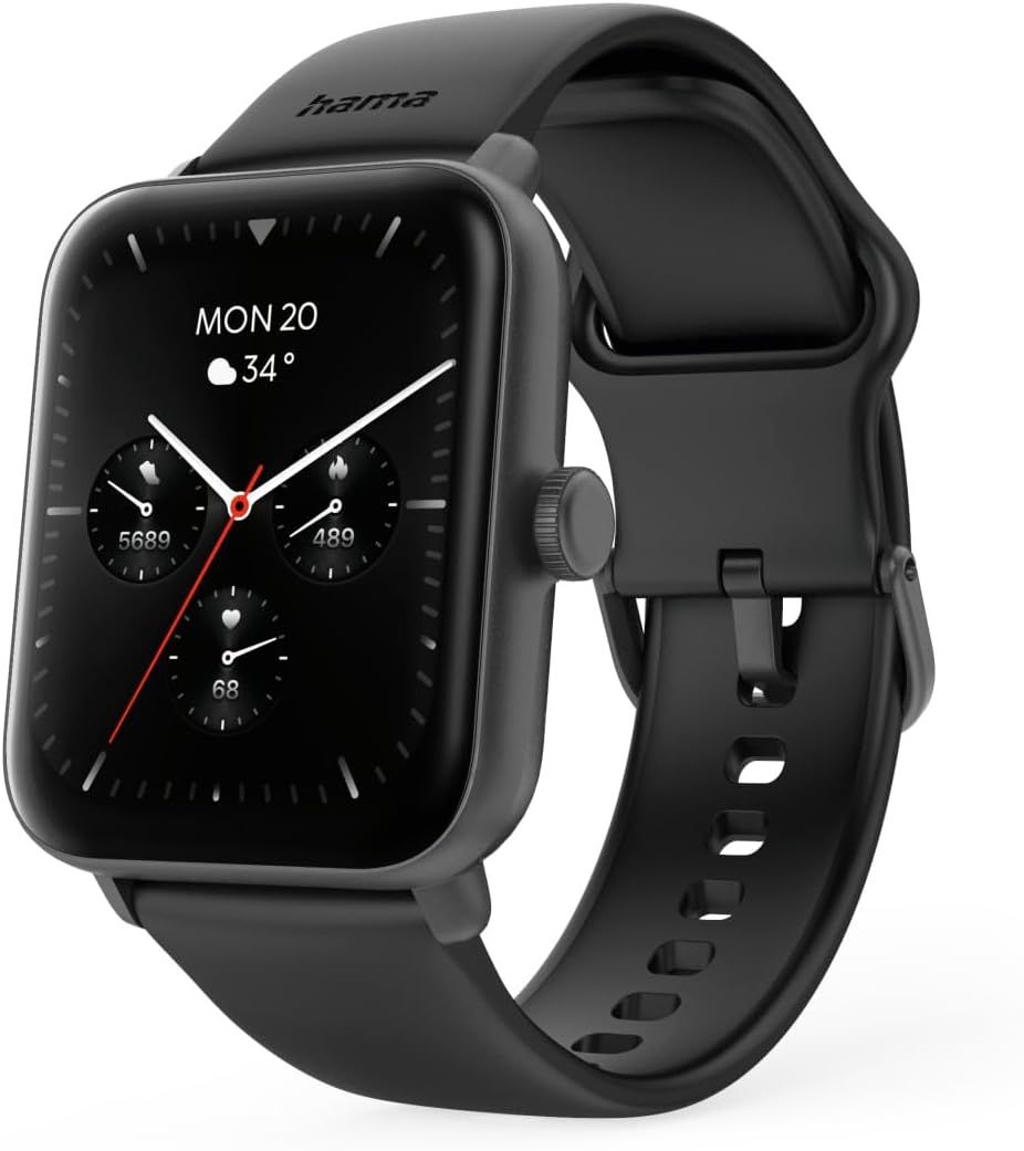 Hama 6010 GPS Smartwatch (Sporty Black, 1.65" TFT Screen, Call Function, Voice Control Siri/Google, Waterproof IP68/3 ATM)