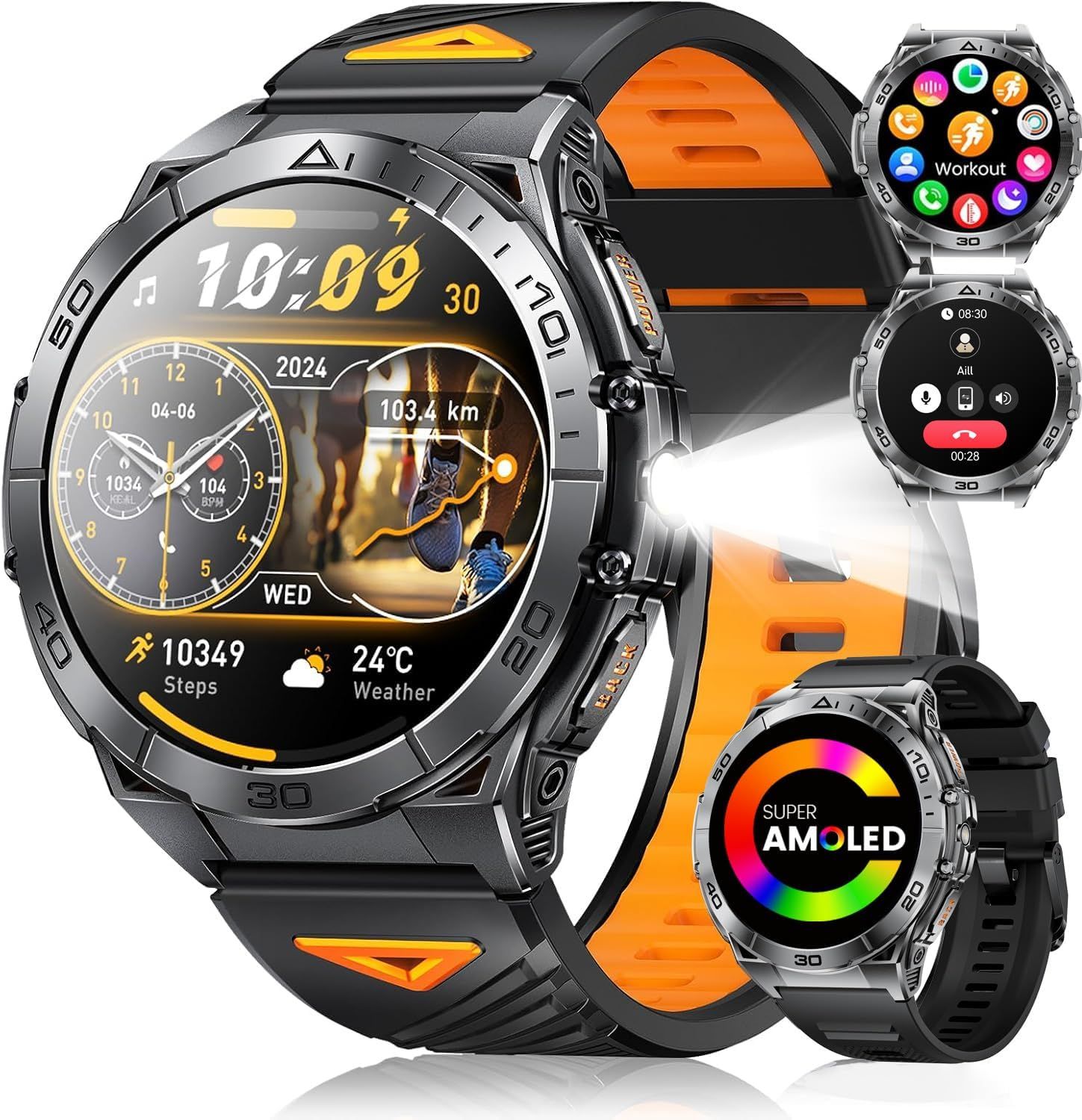 Sunkta Men's Smartwatch with 600mAh Battery, 1.6" AMOLED Screen/LED Light/Calls, 5ATM Waterproof 110+ Sports Modes Heart Rate Sleep Monitor for Android iOS