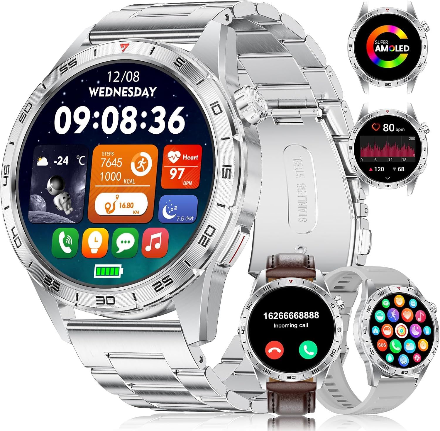 FITFLEX Men's Smartwatch with Bluetooth Calls, 1.43'' HD AMOLED Screen Fitness Watch for Android iOS