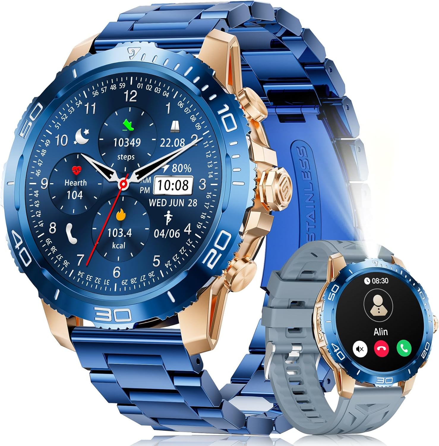 Lige Men's Smartwatch, Bluetooth Call, 1.43'' AMOLED Screen, Waterproof IP68, Heart Rate/Sleep Monitoring, Over 100 Sports Modes for Android iOS, Blue