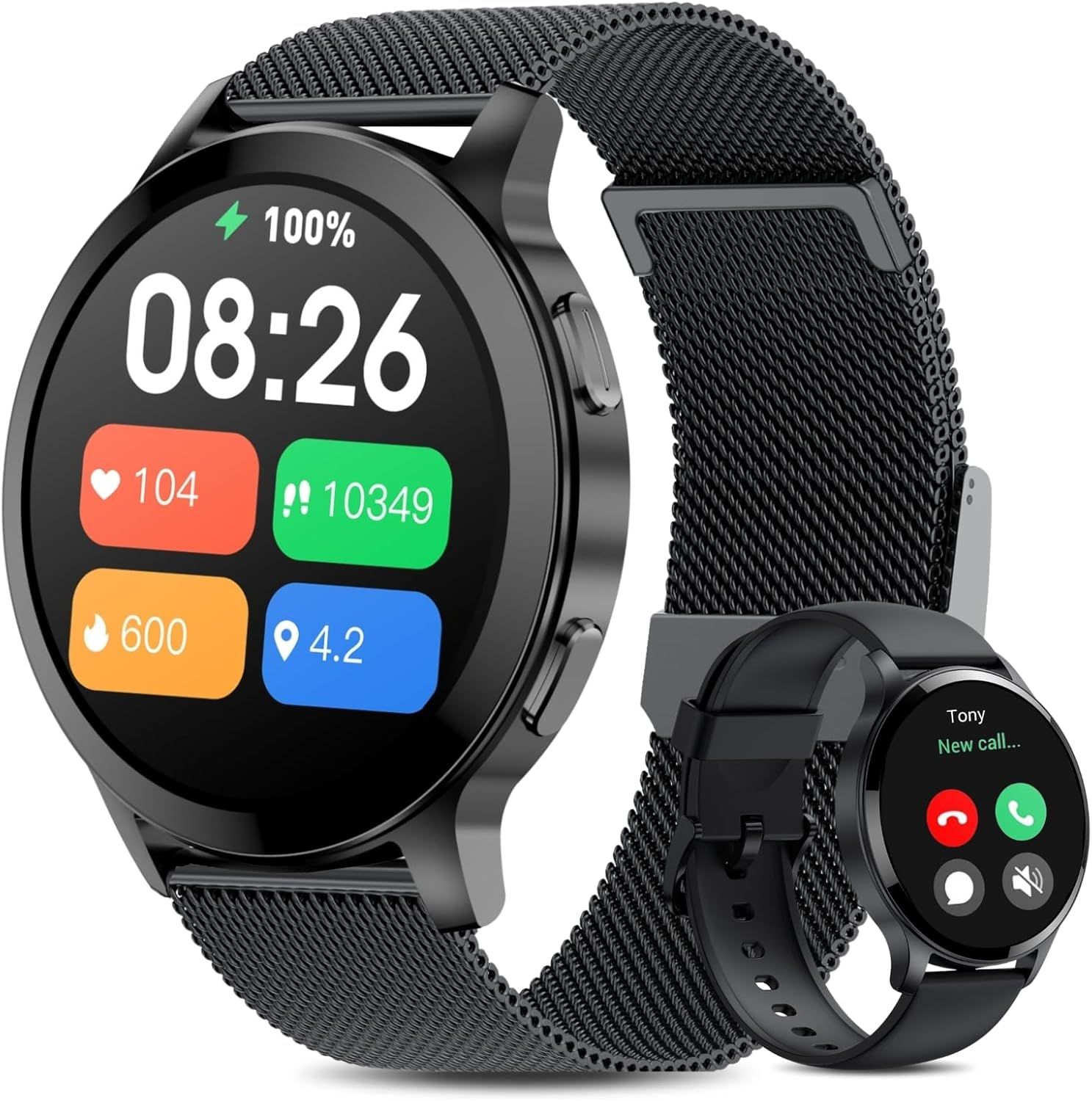 HOAIYO Smartwatch for Men and Women, Bluetooth Call & Message Receiver, 1.5'' HD Touchscreen, IP68 Waterproof, 100 Sports Modes, Sleep Monitor, Cardio Frequency Meter (Black/Metal)