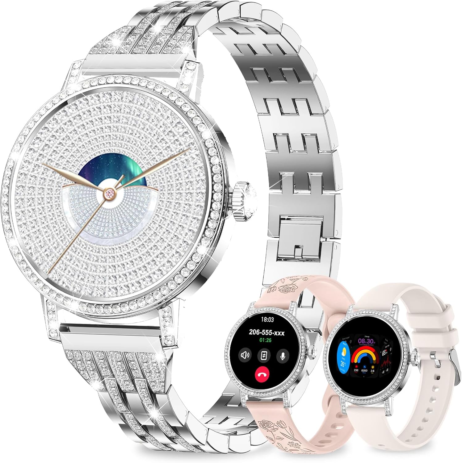 Fitonyo Women's Smartwatch with Diamonds, 3 Bands, 1.27" HD Bluetooth Calls, Heart Rate/Sleep/SpO2 Tracker, Calories, IP68, 120+ Sport Modes for Android/iOS