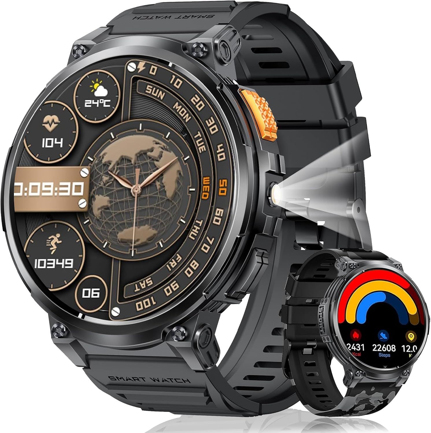 Reloj inteligente para hombres Yilitazaro - Pantalla HD de 1,85 pulgadas con linterna LED, batería de 730 mAh, resistente al agua IP68, 120 modos deportivos, monitoreo de frecuencia cardíaca, sueño y SpO2