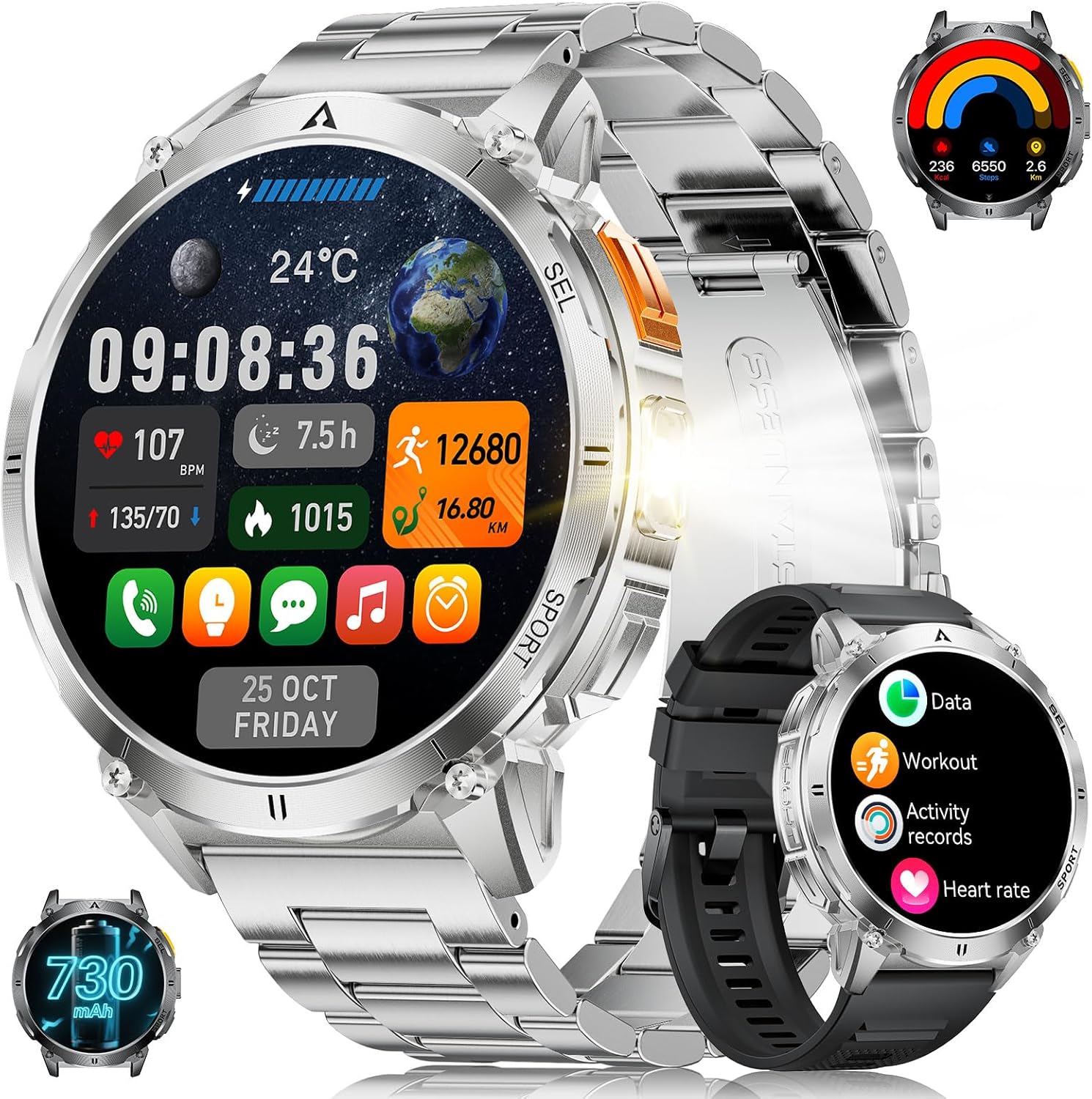RELOJ INTELIGENTE BENYAR SMART para hombres con linterna LED, pantalla AMOLED de 1,62 pulgadas, funcionalidad telefónica, batería de 730 mAh, monitor de frecuencia cardíaca/sueño, 119 modos deportivos para iOS y Android