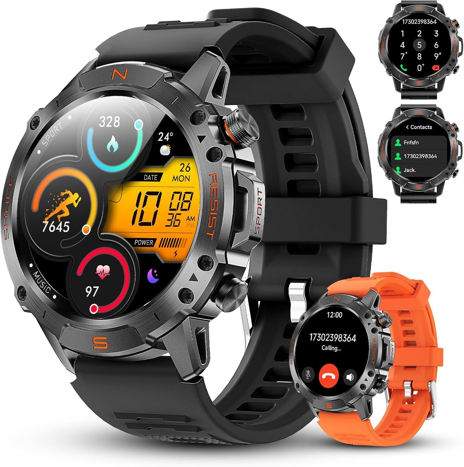 Reloj inteligente WalkerFit Outdoor para hombre, pantalla AMOLED de 1,43 '' legible bajo el sol, resistente al agua 5ATM, llamadas Bluetooth, batería de vida útil de 60 días, brújula integrada, 170+ modos deportivos, compatible con Android/iOS (Negro)