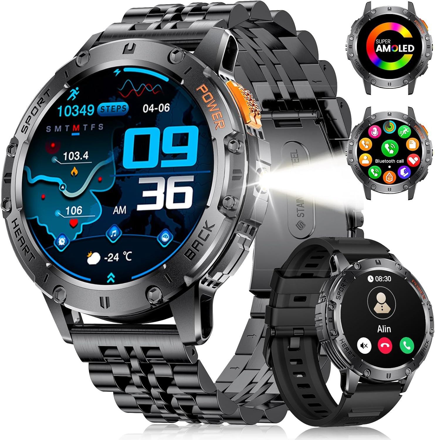 Reloj inteligente FITFLEX para hombres - Pantalla AMOLED de 1,43", llamadas Bluetooth, batería de 530 mAh, 120+ modos deportivos, monitorización de la frecuencia cardíaca, seguimiento del sueño, resistente al agua IP68 y podómetro para Android