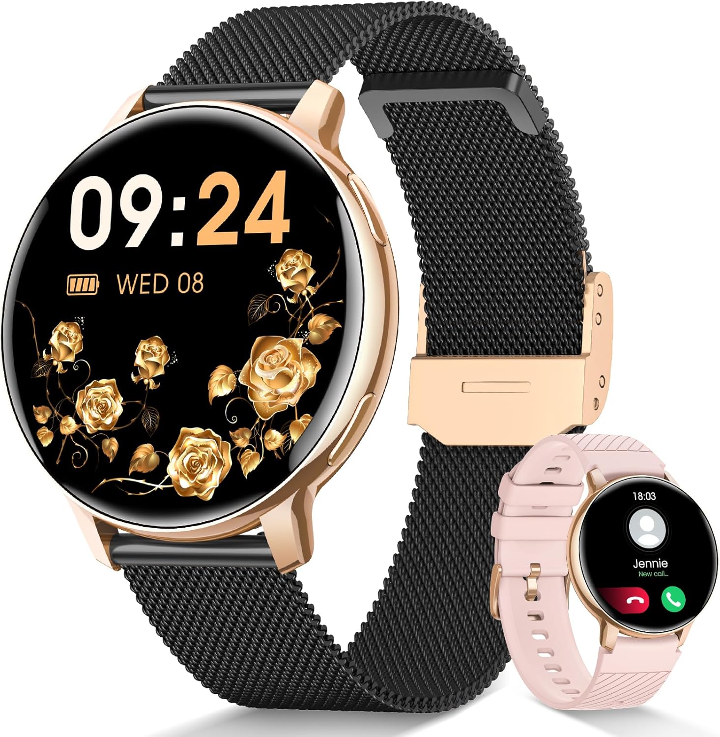 Reloj inteligente AIMIUVEI para mujer con llamadas, pantalla redonda, frecuencia cardíaca de 24 horas, SpO2, seguimiento de la salud, más de 120 modos deportivos, monitoreo del sueño, podómetro IP68, Bluetooth iOS/Android, regalo, oro