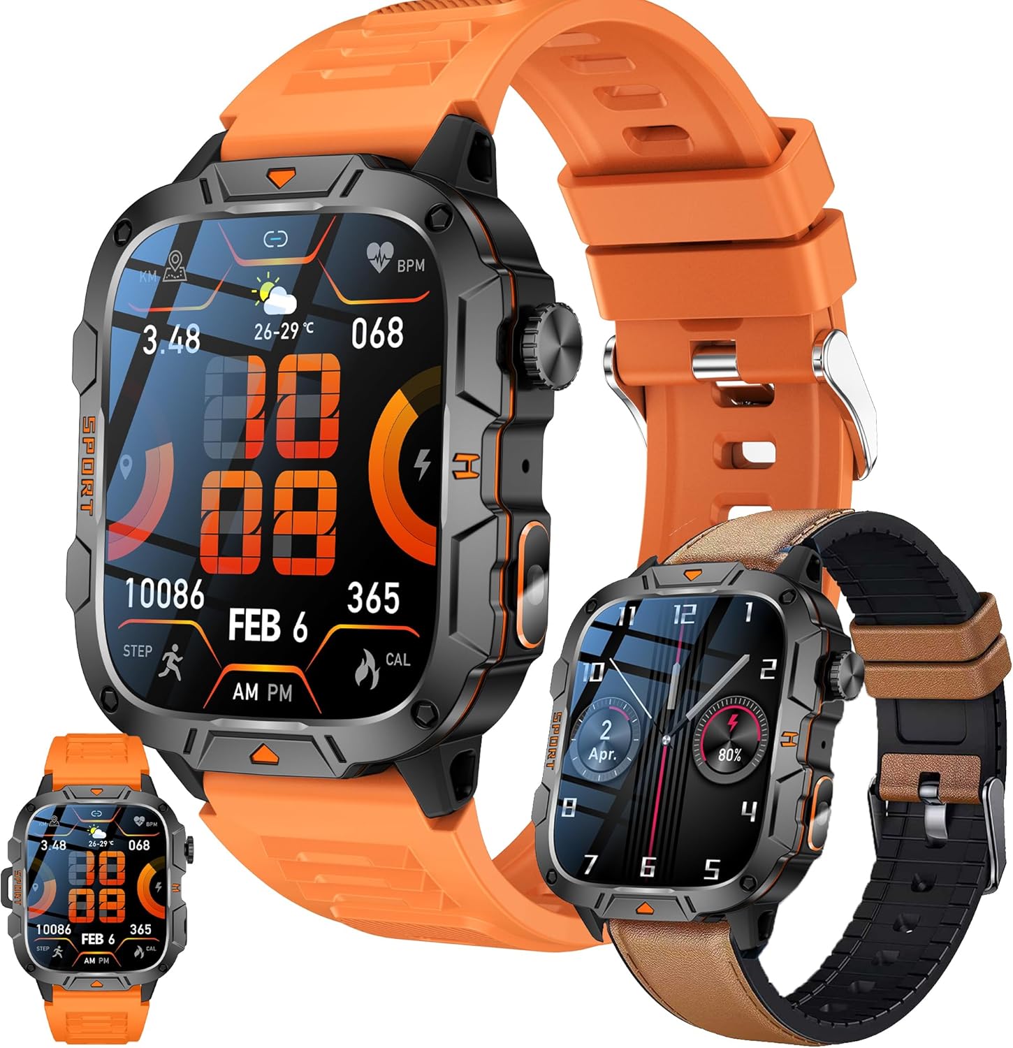 SGDDFIT Reloj inteligente para hombres con pantalla AMOLED de 1,96'', llamadas y WhatsApp, reloj deportivo militar con 123 modos deportivos/frecuencia cardíaca/SpO2/seguimiento del sueño, resistente al agua hasta 3ATM para Android