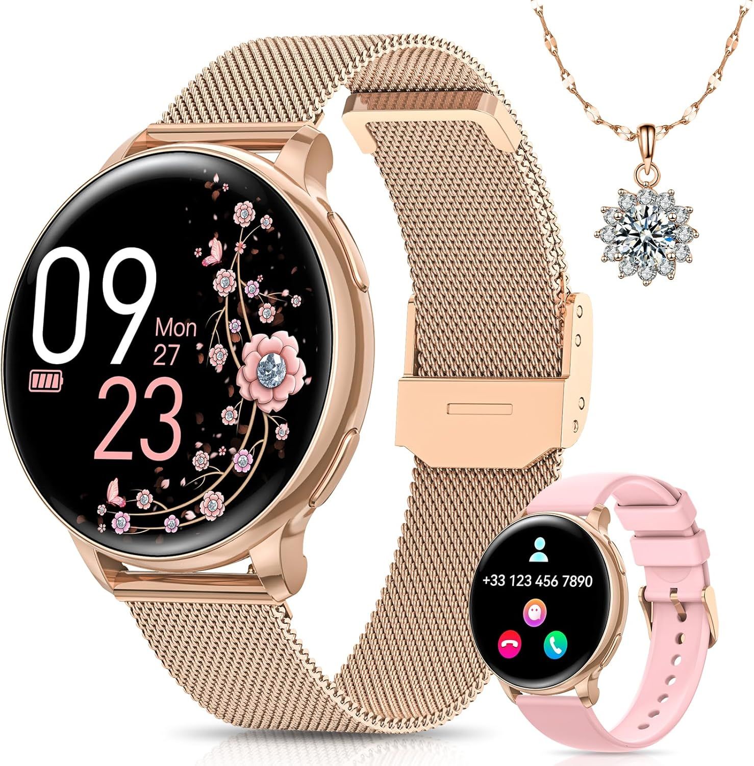Reloj inteligente BANLVS para mujer con llamadas Bluetooth, pantalla de 1,27'', monitorización de ritmo cardíaco, seguimiento del sueño, contador de calorías, SpO2, 120+ modos deportivos, resistente al agua IP68 para Android/iOS (Oro)