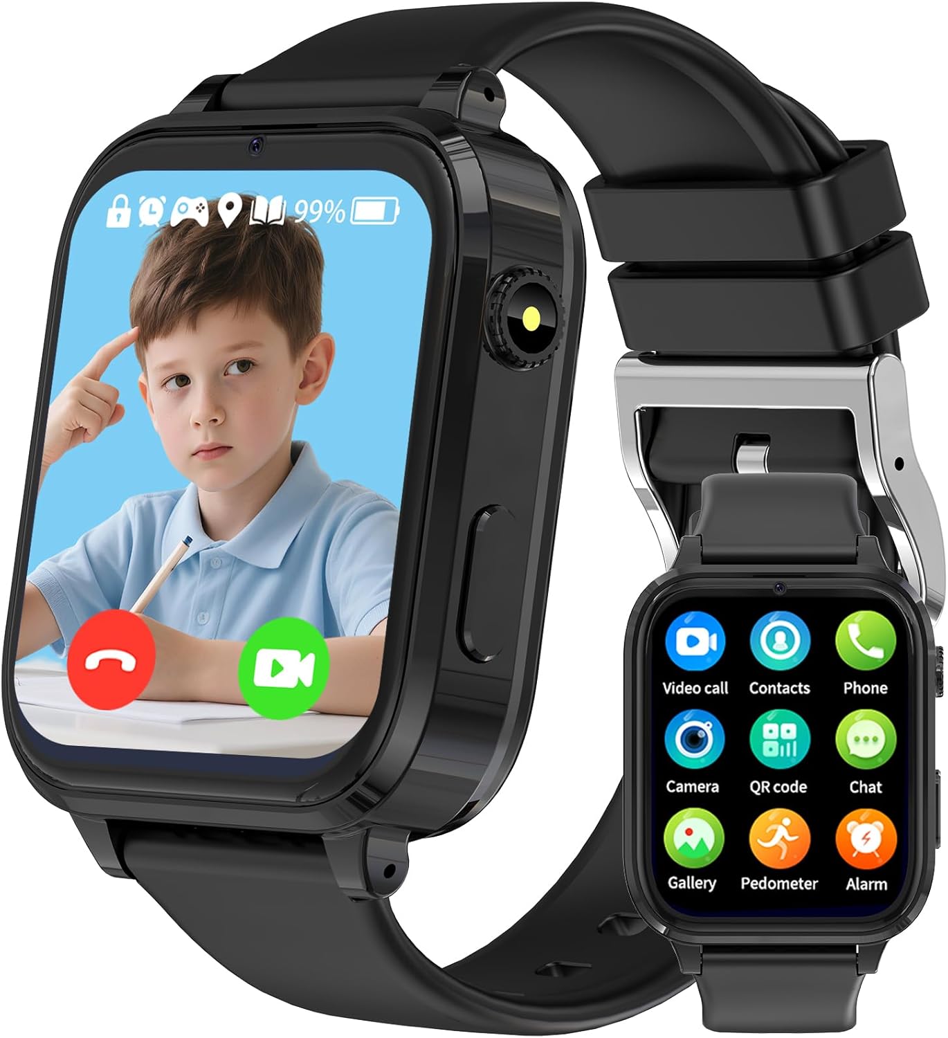 Reloj inteligente para niños Clleylise 4G resistente al agua IP68 con teléfono integrado, GPS, botón de emergencia SOS, llamadas y videollamadas, chat de voz, modo de clase y linterna - Regalo perfecto para niñas y niños (Negro 2)