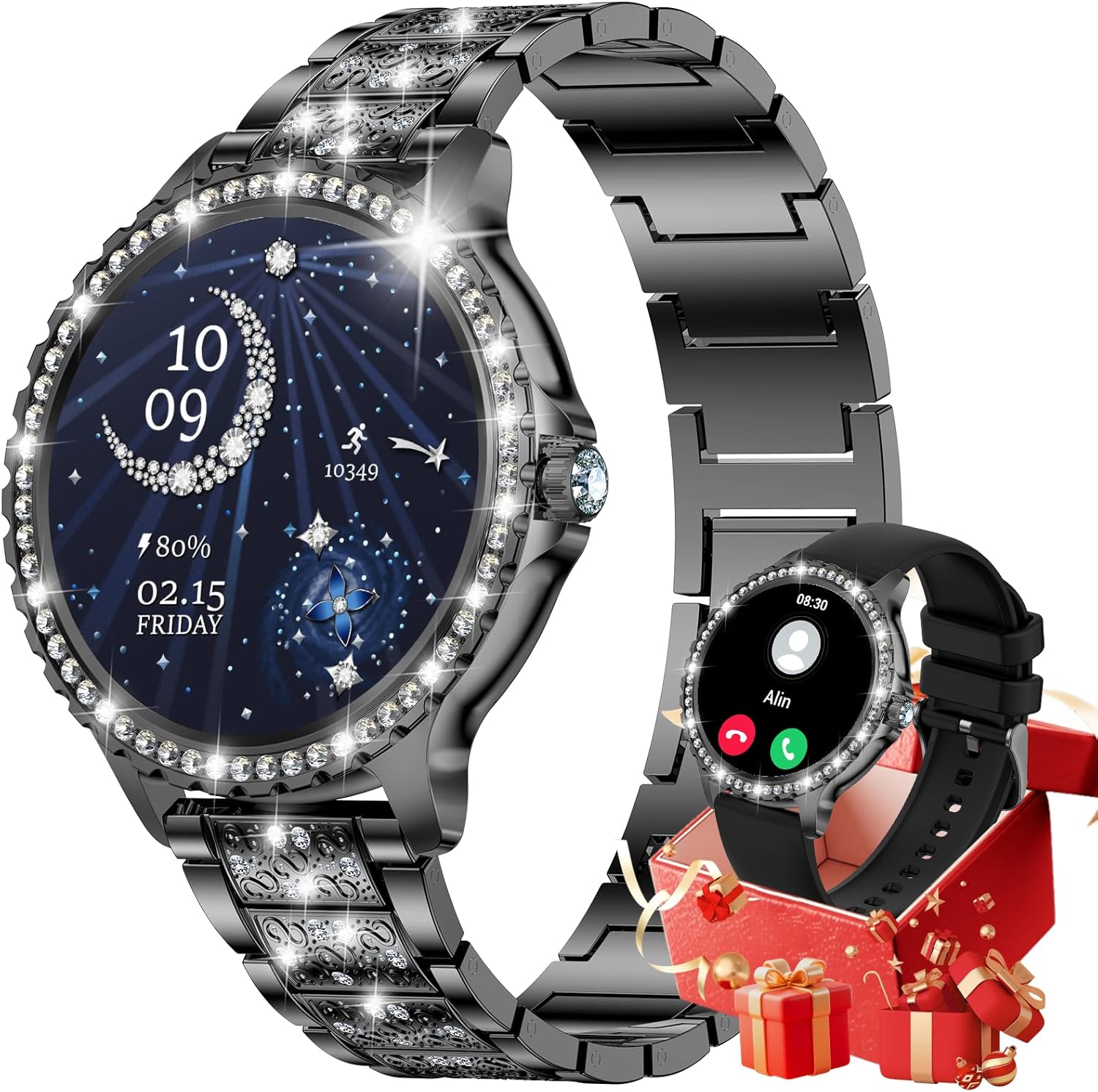 Reloj inteligente CHOOSETIME elegante con diamantes para mujer, pantalla de 1,32 pulgadas para Android/iOS, seguimiento del ciclo menstrual/del sueño, más de 500 caras de reloj, llamadas Bluetooth, 2 correas, negro