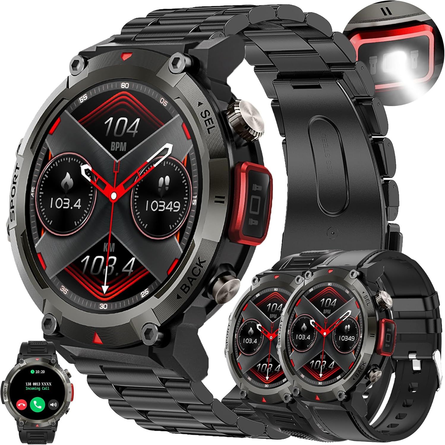 ZPIMY 1.45' AMOLED Smartwatch for Men with Bluetooth Calling, Torch, 5ATM Waterproof Fitness Tracker with 100+ Sports Modes, Sleep Tracking, SpO2, Activity Monitor for iOS Android (Black)