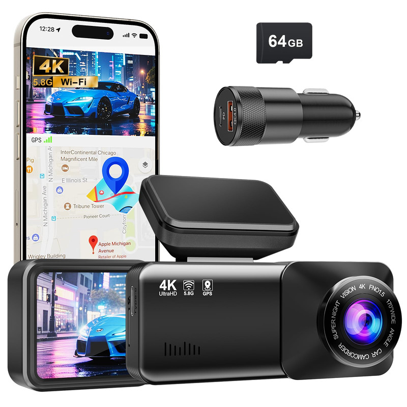 SZSMART A215 4K UHD Dashcam with 5G WiFi Night Vision, Dual Camera Front and Rear, Android/iOS Compatible with Car Charger - 64GB