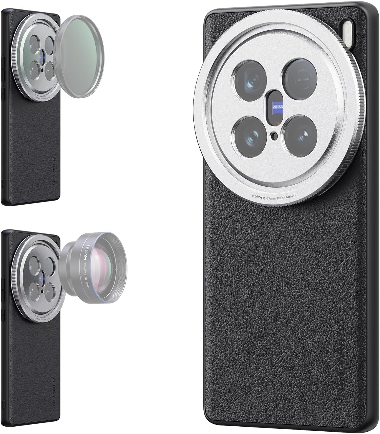 Neewer X200 Pro Case, Compatible with Vivo X200 Pro, Robust Protection Case, Similicuir, 17mm Lens Mount & 67mm Filter Adapter for Wireless Charging, PA114 Black+Silver