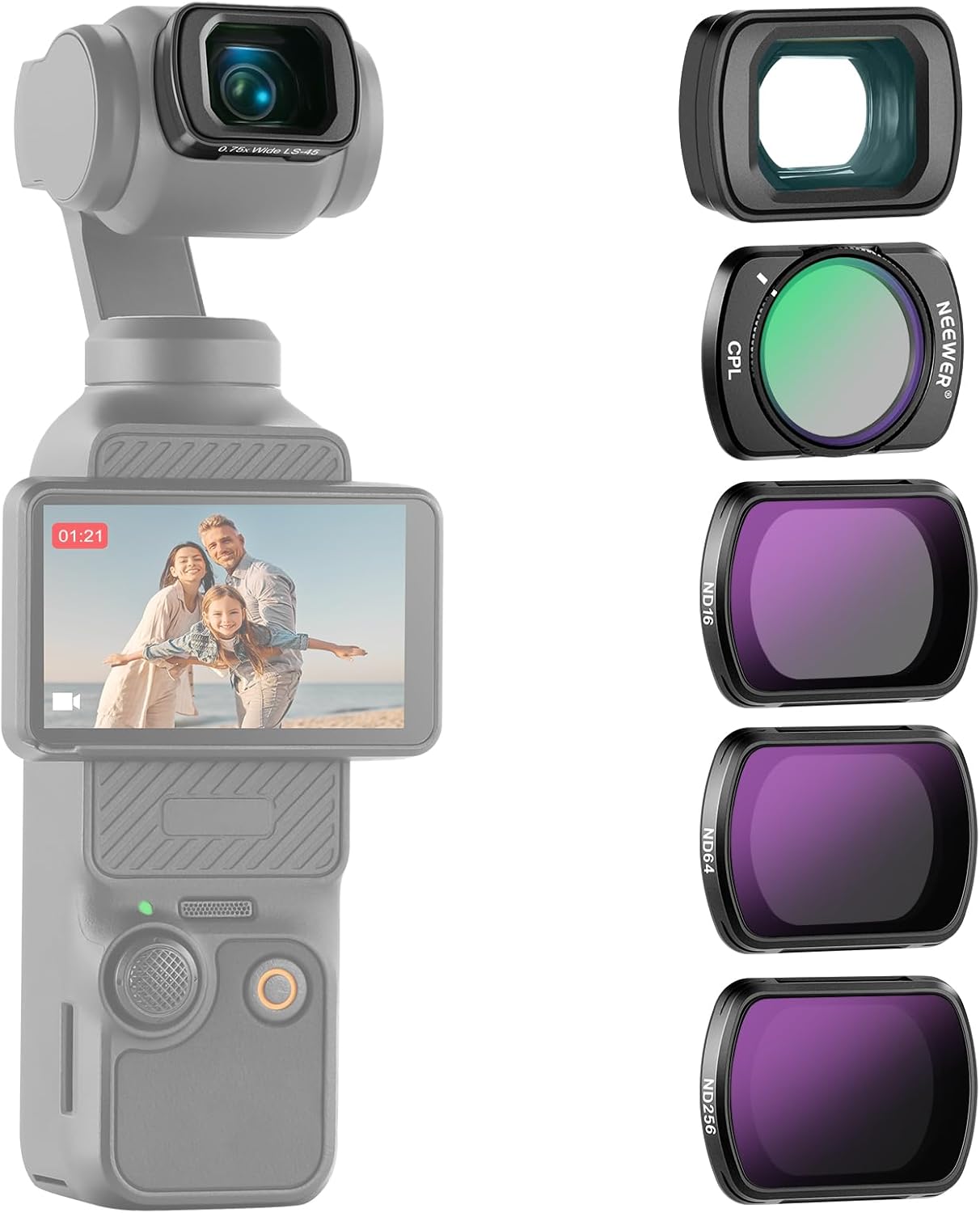 Kit de filtro Neewer (4 paquetes) con lente gran angular 0,75X FOV 108°, polarizador circular y filtros de densidad neutral (ND) ND16, ND64, ND256 compatibles con DJI Osmo Pocket 3 Creator Combo