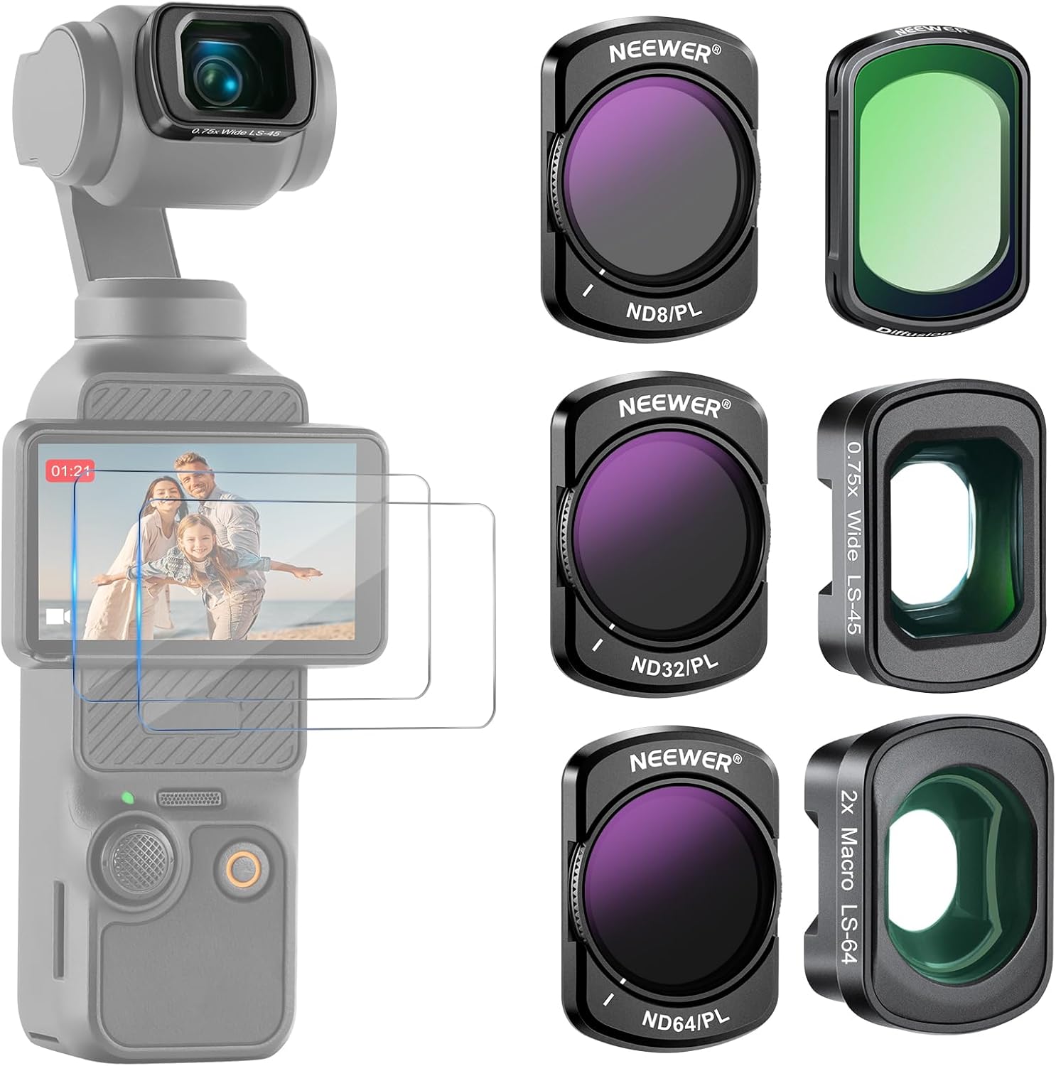 Kit de filtros Neewer (4 piezas) ND8/PL, ND32/PL, ND64/PL, CPL negro difusor, 0,75x gran angular y objetivo macro 2x, protector de pantalla compatible con DJI Osmo Pocket 3