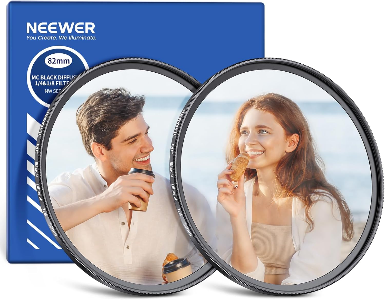 Kit Neewer de 2 filtros de difusión negra (1/4 y 1/8) con lente de 82 mm, vidrio multicubierto, estuche para almacenamiento, paño para limpieza para fotografía y video