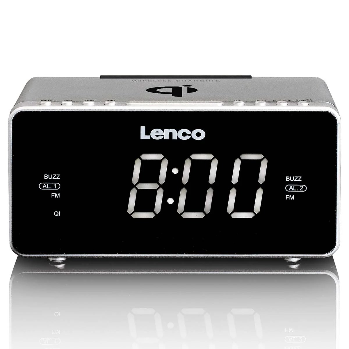 Lenco CR-550SI Stereo FM Radio Alarm Clock with USB and Wireless Qi Smartphone Charger - Silver
