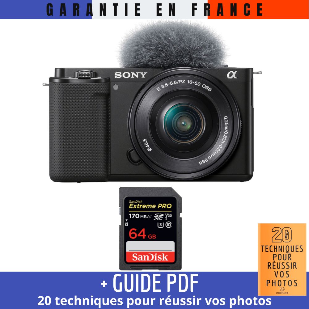 Sony ZV-E10 + 16-50mm Black + 1 SanDisk 64GB Extreme PRO UHS-I SDXC Card + '20 Techniques for Successful Vlogging' Guide