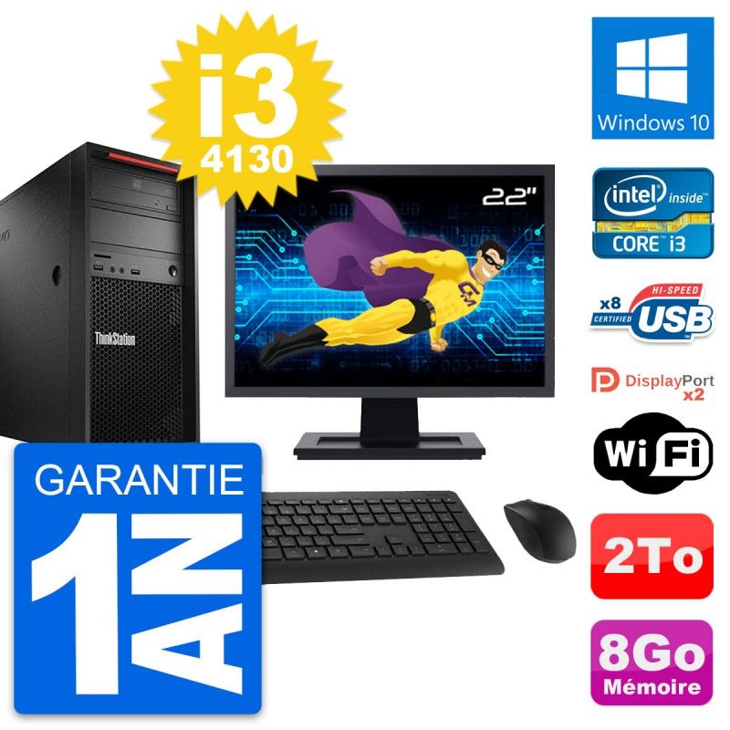 Poste de travail Lenovo ThinkStation P300 - Écran 22 pouces, Intel i3-4130, 8 Go de RAM, 2 To HDD, Windows 10, Wifi