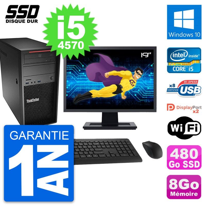 Ordinateur de bureau Lenovo P300, écran 19'', processeur Intel i5-4570, 8 Go de RAM, 480 Go SSD, Windows 10, Wi-Fi