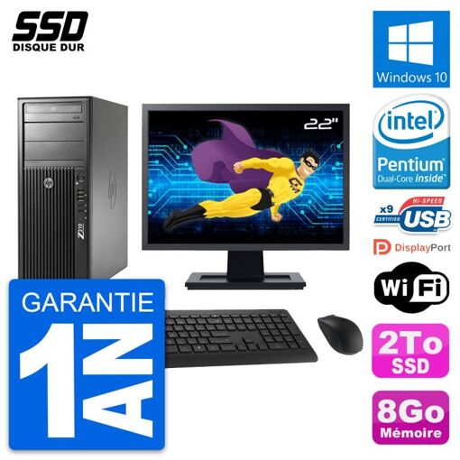 HP WorkStation Z210 Desktop PC - 22" Screen, Intel G630, 8GB RAM, 2TB SSD, Windows 10, WiFi