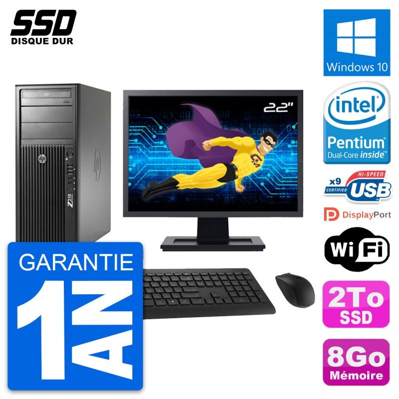 HP WorkStation Z210 Desktop PC - 22" Screen, Intel G630, 8GB RAM, 2TB SSD, Windows 10, WiFi