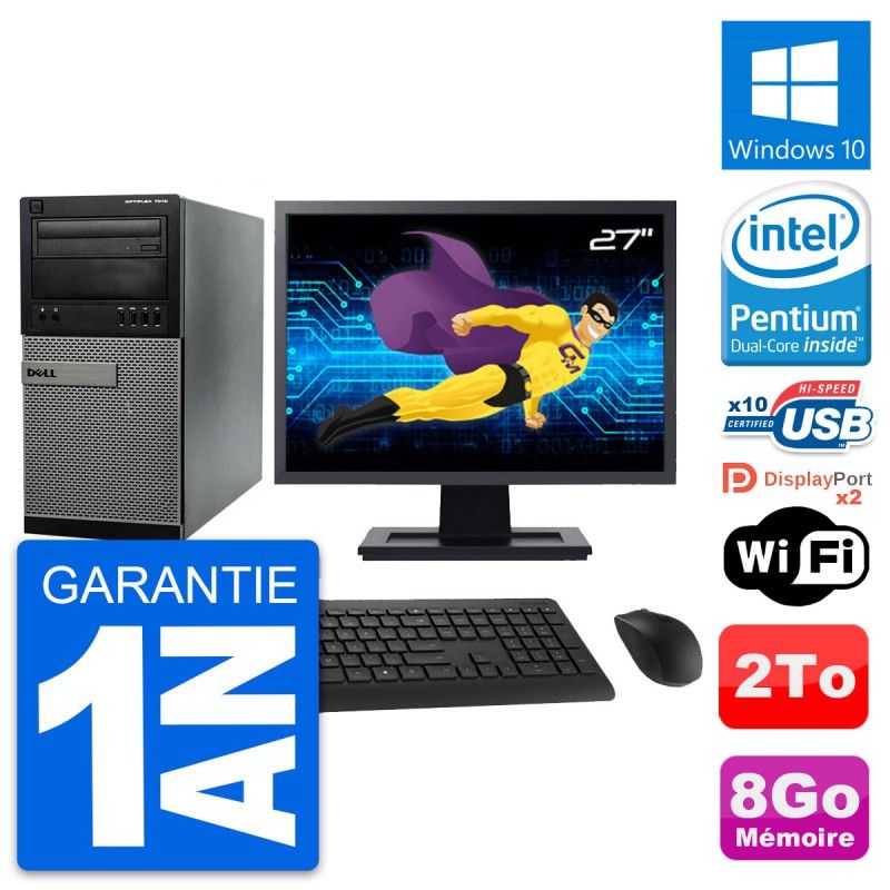 Dell Optiplex 7010 Desktop Computer, 27" Screen, Intel Pentium G2020, 8GB RAM, 2TB HDD, Windows 10, WiFi