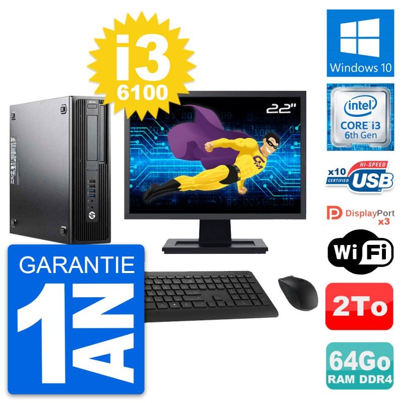 HP Z240 SFF Desktop PC - 22" Screen, Intel Core i3-6100, 64GB RAM, 2TB HDD, Windows 10, WiFi