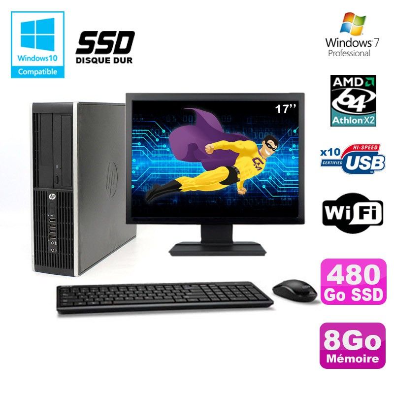 HP Compaq 6005 Pro SFF Desktop - AMD 3GHz, 8GB RAM, 480GB SSD, DVD Burner, WiFi, Windows 7 Pro