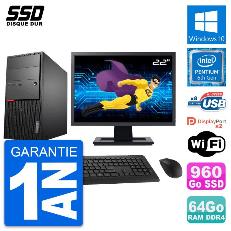 Lenovo M800 Desktop PC - 22" Screen, Pentium G4400, 64GB RAM, 960GB SSD, Windows 10, WiFi