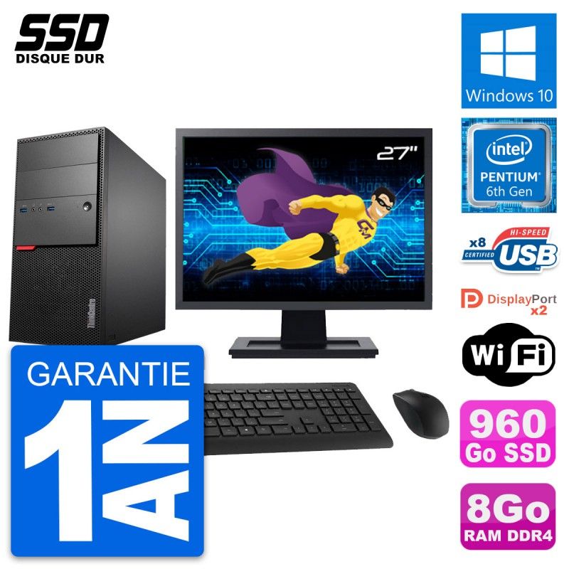Lenovo M800 Desktop PC - 27" Screen, Pentium G4400, 8GB RAM, 960GB SSD, Windows 10, WiFi