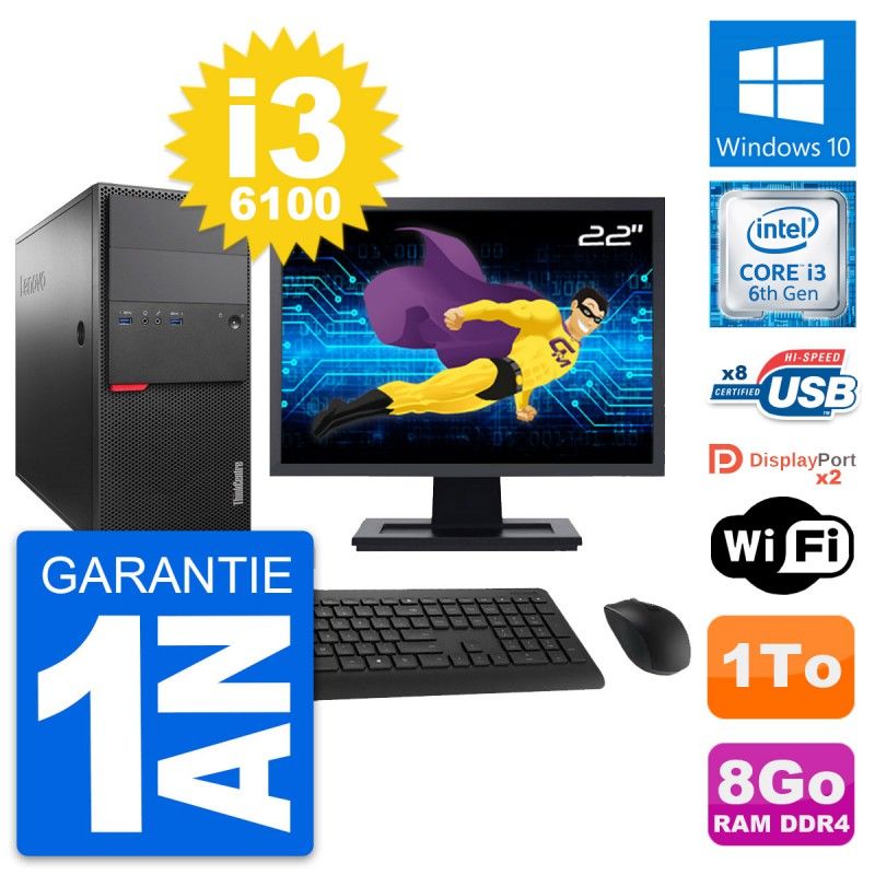 Lenovo ThinkCentre M800 Desktop Computer, 22" Screen, Intel i3-6100, 8GB RAM, 1TB HDD, Windows 10