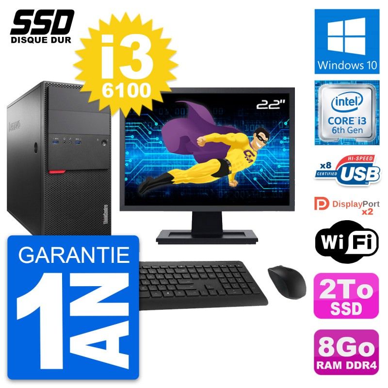 Lenovo M800 Desktop Computer, 22" Screen, Intel i3-6100, 8GB RAM, 2TB SSD, Windows 10, WiFi