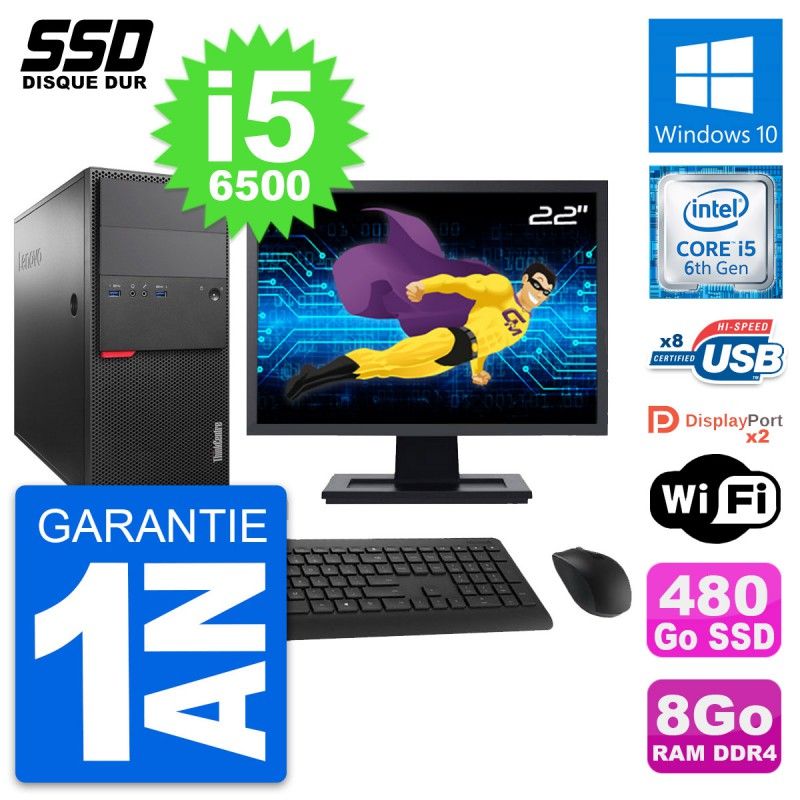 Lenovo M800 Desktop Computer, 22" Screen, Intel i5-6500, 8GB RAM, 480GB SSD, Windows 10, Wifi
