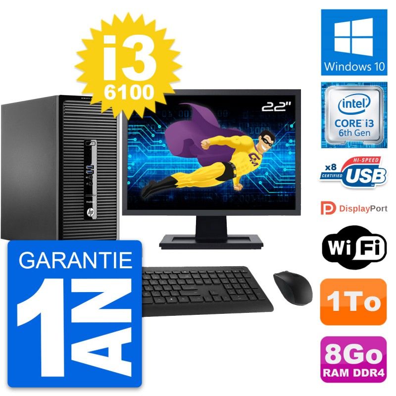 HP ProDesk 400 G3 MT Desktop PC, 22" Screen, Intel i3-6100, 8GB RAM, 1TB HDD, Windows 10, WiFi