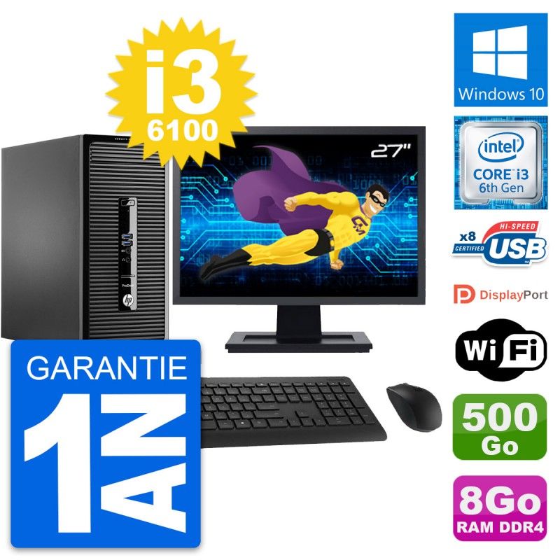 HP ProDesk 400 G3 MT Desktop PC - 27" Screen, Core i3-6100, 8GB RAM, 500GB HDD, Windows 10, Wifi