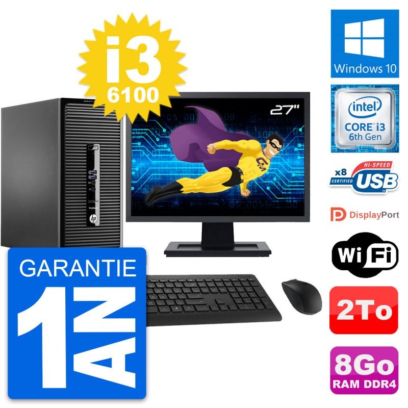 HP ProDesk 400 G3 MT Desktop PC - 27" Screen, Intel i3-6100, 8GB RAM, 2TB Storage, Windows 10