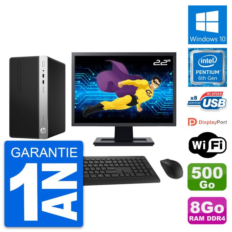 HP ProDesk 400 G4 MT Desktop Computer, 22" Screen, Intel Pentium G4400, 8GB RAM, 500GB HDD, Windows 10, WiFi