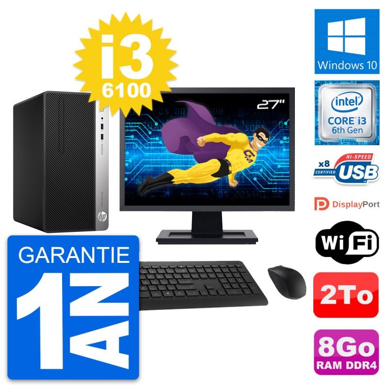 HP ProDesk 400 G4 MT Desktop Computer, 27" Display, Intel i3-6100, 8GB RAM, 2TB Storage, Windows 10