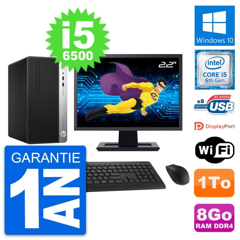 HP ProDesk 400 G4 MT Desktop Computer, 22" Screen, Intel i5-6500, 8GB RAM, 1TB HDD, Windows 10, WiFi