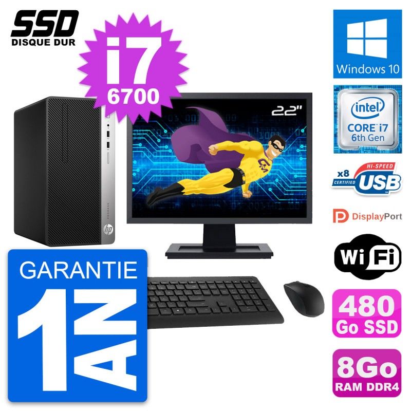 HP ProDesk 400 G4 MT Desktop Computer, 22" Screen, Intel i7-6700, 8GB RAM, 480GB SSD, Windows 10, WiFi