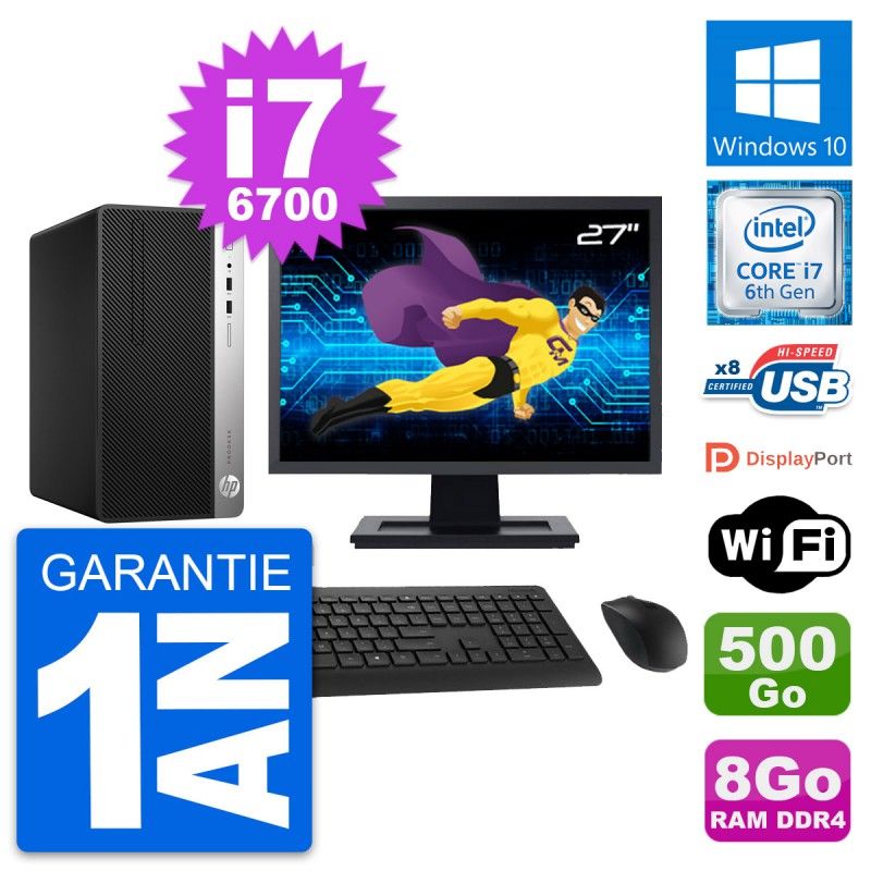 HP ProDesk 400 G4 MT Desktop PC - 27" Display, Intel Core i7-6700, 8GB RAM, 500GB Storage, Windows 10, WiFi