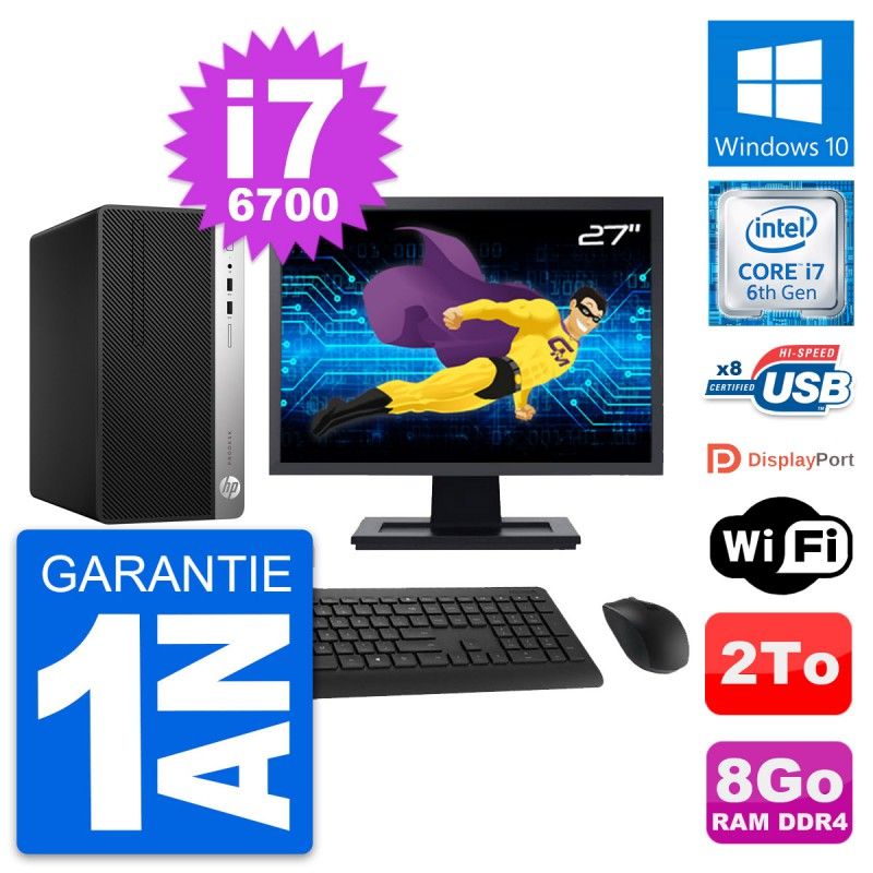 HP ProDesk 400 G4 MT Desktop PC - 27" Screen, Intel i7-6700, 8GB RAM, 2TB Storage, Windows 10, WiFi